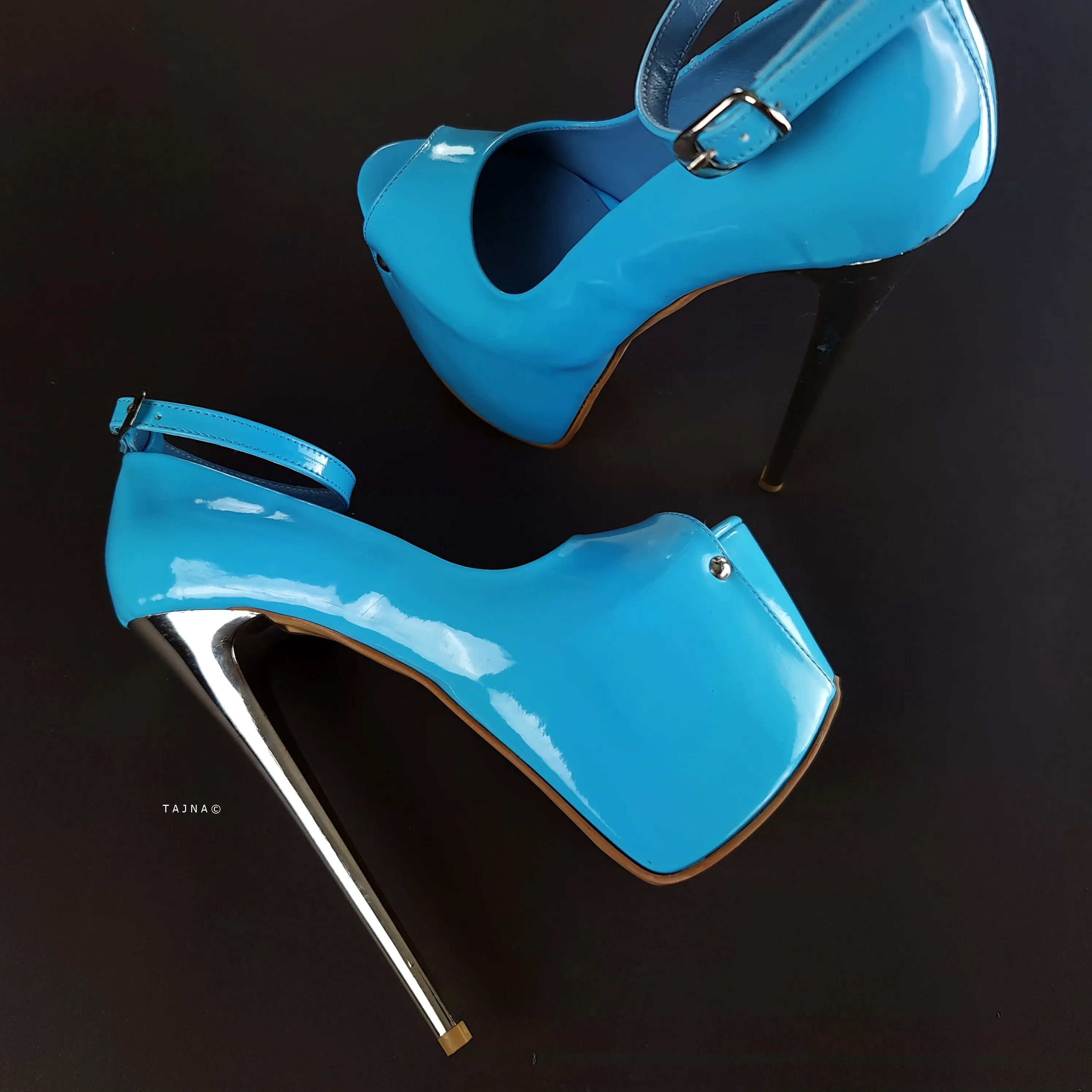 Baby Blue Gloss Ankle Strap Metallic High Heels