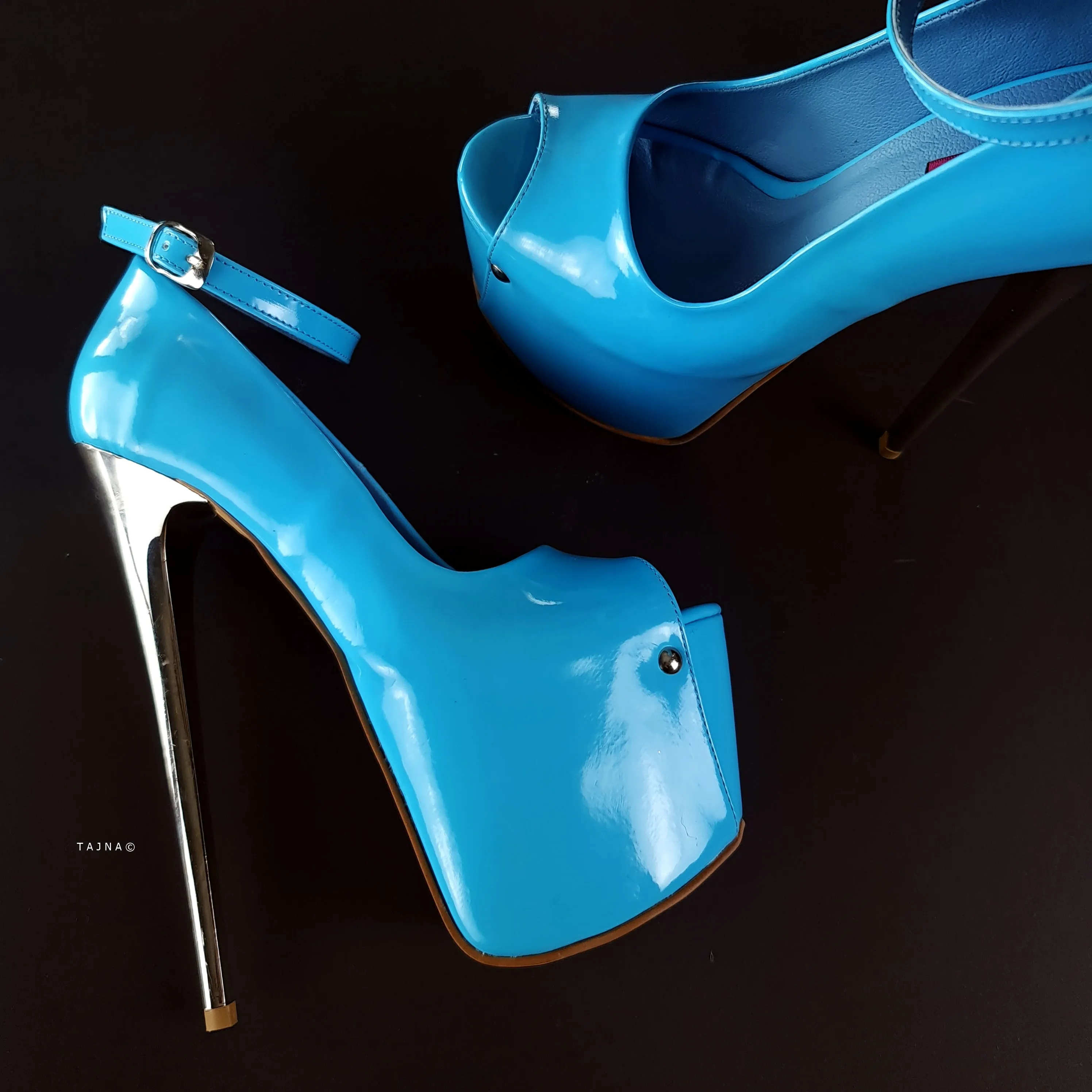 Baby Blue Gloss Ankle Strap Metallic High Heels