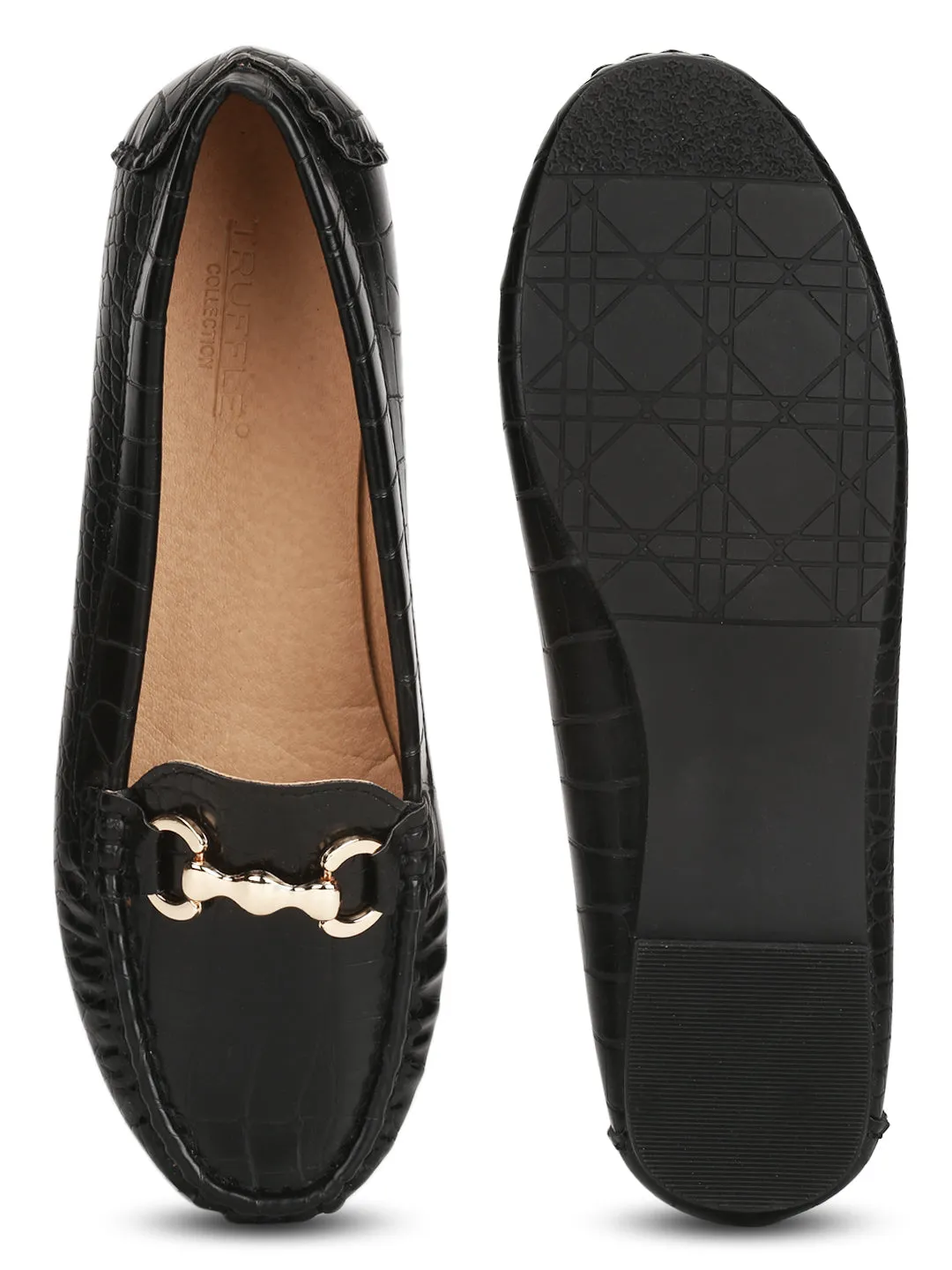 Black Croc Mat PU Loafer Flats