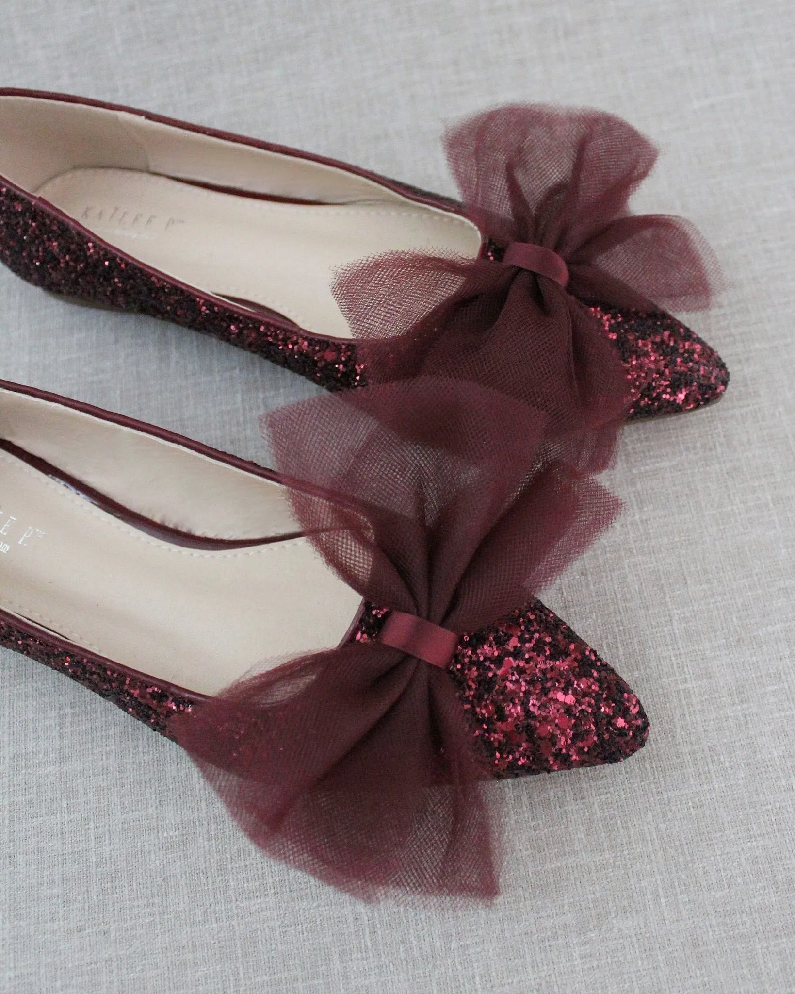 Burgundy Evening Pointy Toe Glitter Flats with Oversized Tulle Bow