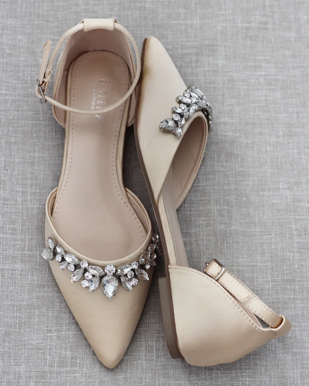 Champagne Satin Pointy Toe Flats with Teardrop Rhinestones Embellishments