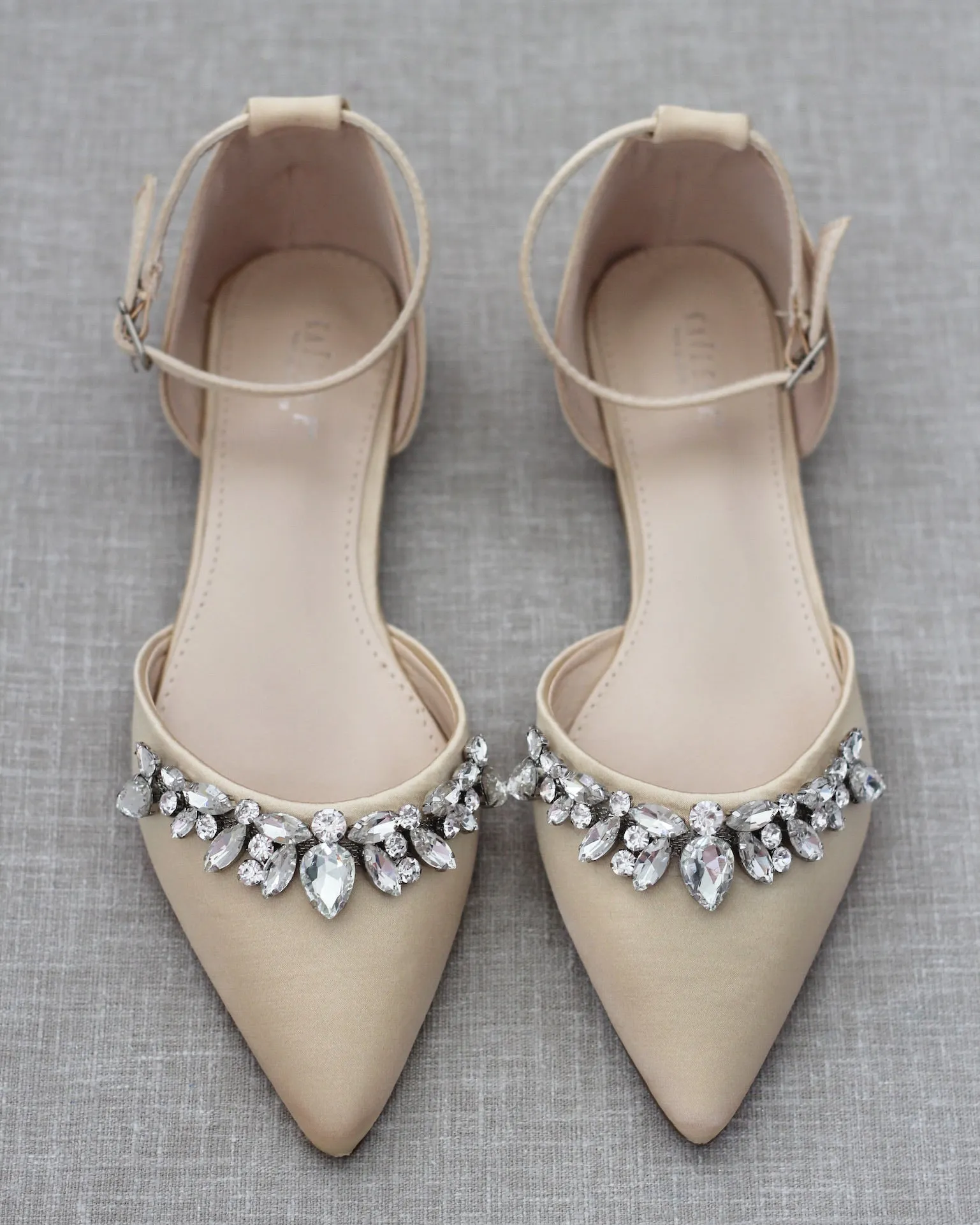 Champagne Satin Pointy Toe Flats with Teardrop Rhinestones Embellishments