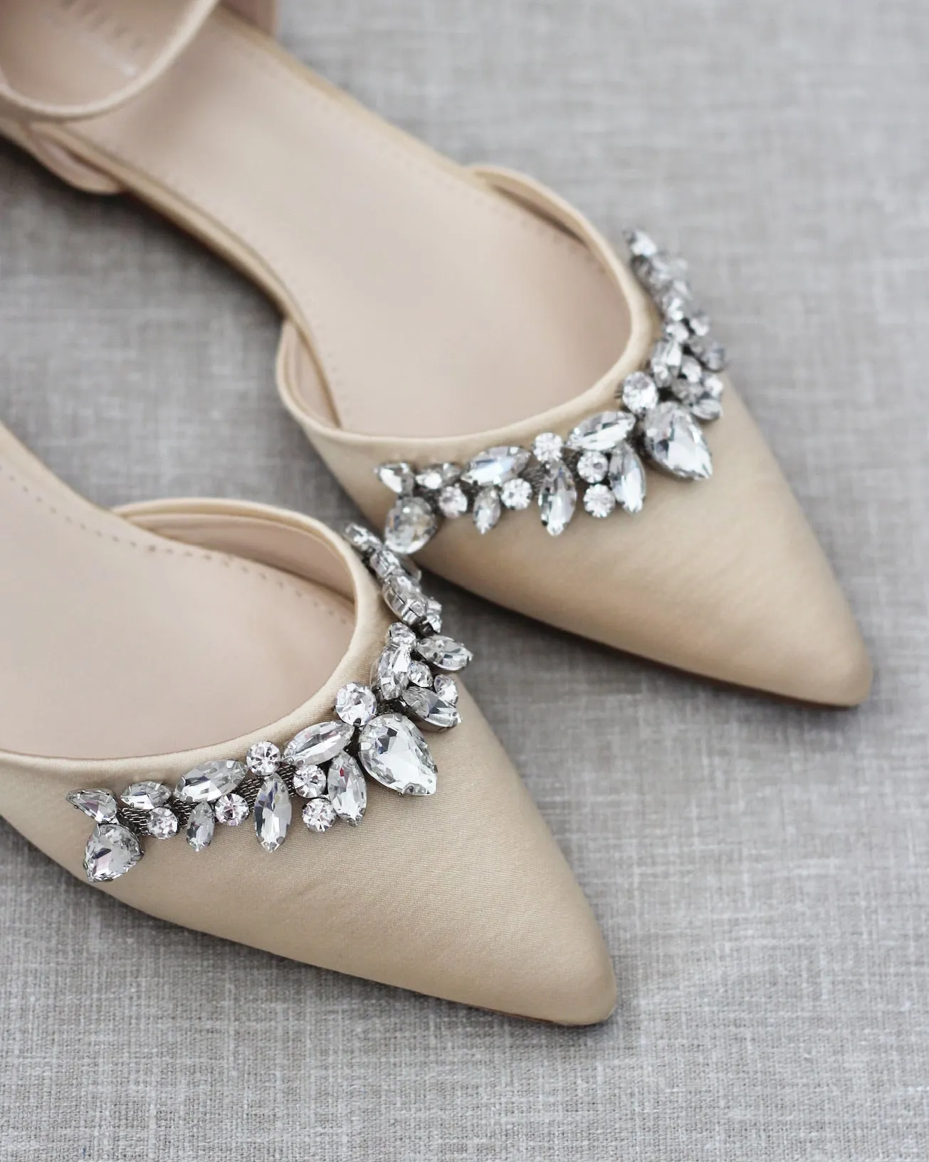 Champagne Satin Pointy Toe Flats with Teardrop Rhinestones Embellishments