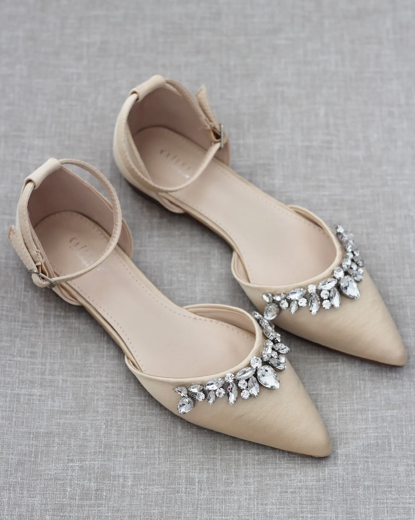 Champagne Satin Pointy Toe Flats with Teardrop Rhinestones Embellishments