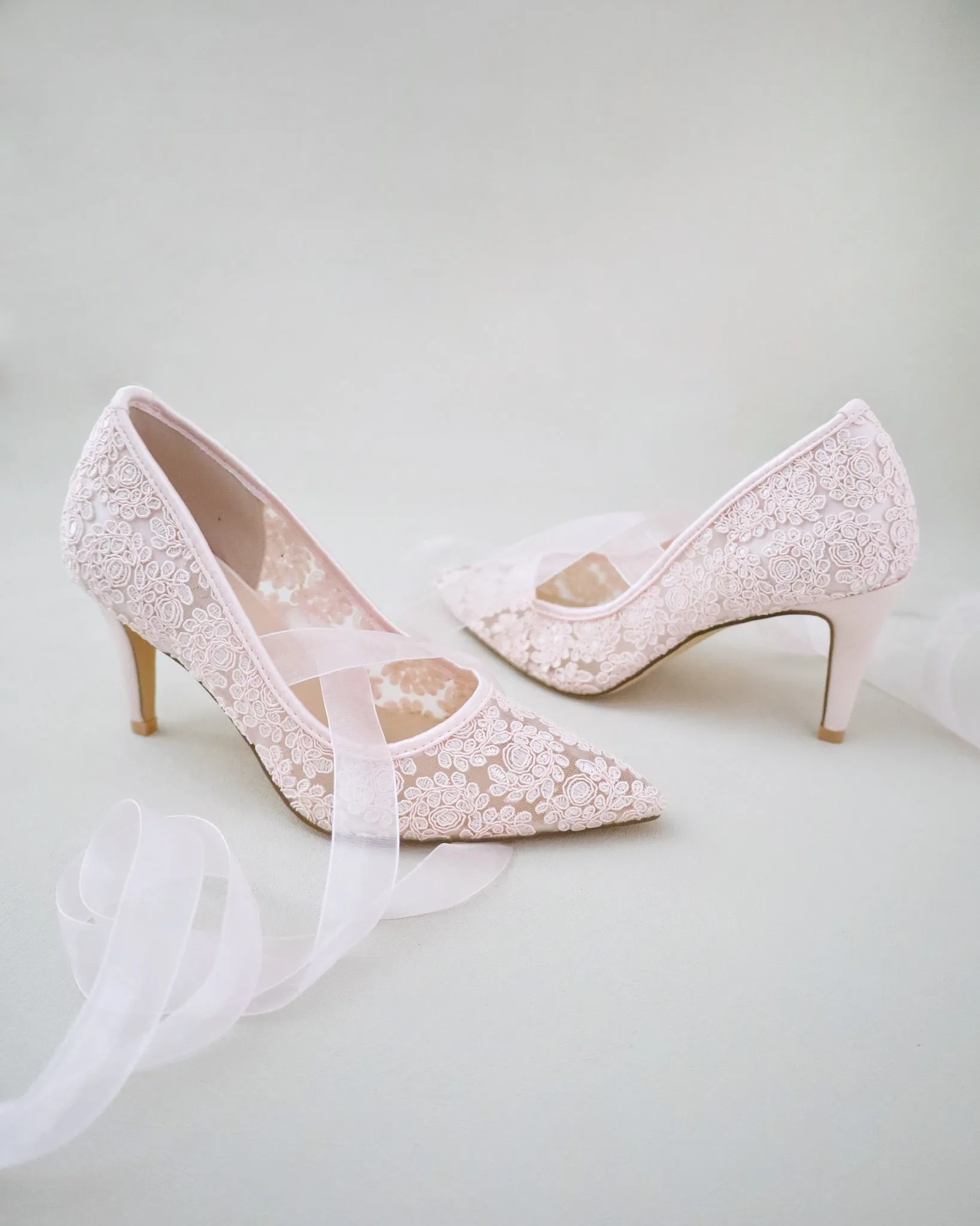 Dusty Pink Crochet Evening Pump with Sheer Lace Up