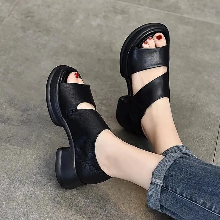 Leather Women's Casual Shoes - GQ204 Thick Bottom Wedges Heel Flat Sandals