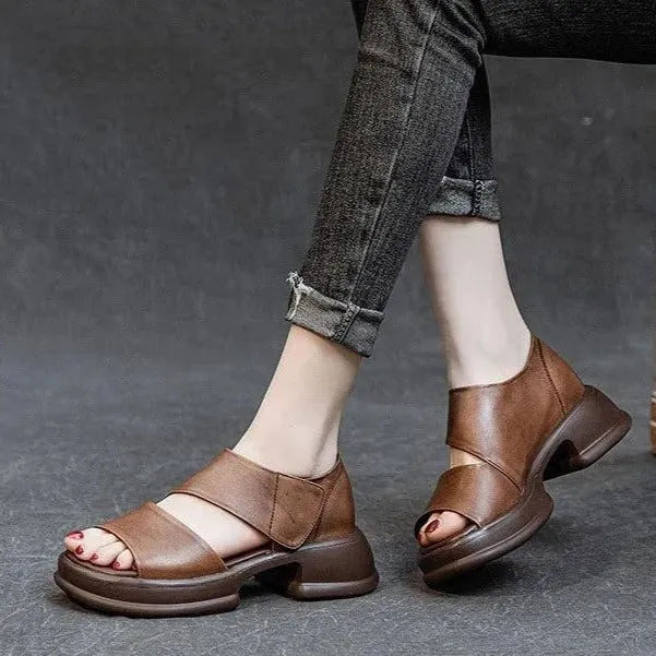 Leather Women's Casual Shoes - GQ204 Thick Bottom Wedges Heel Flat Sandals