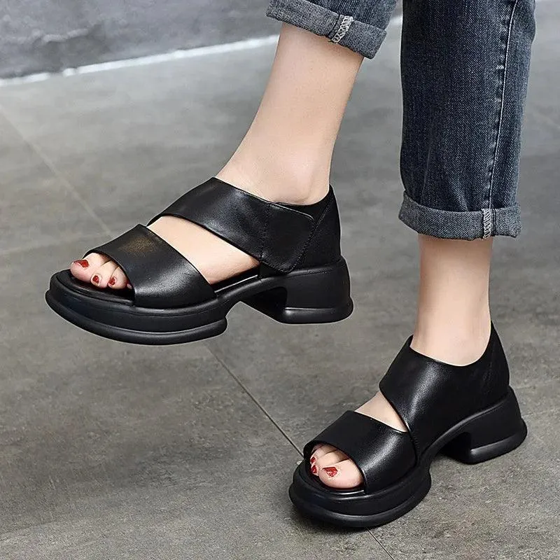 Leather Women's Casual Shoes - GQ204 Thick Bottom Wedges Heel Flat Sandals