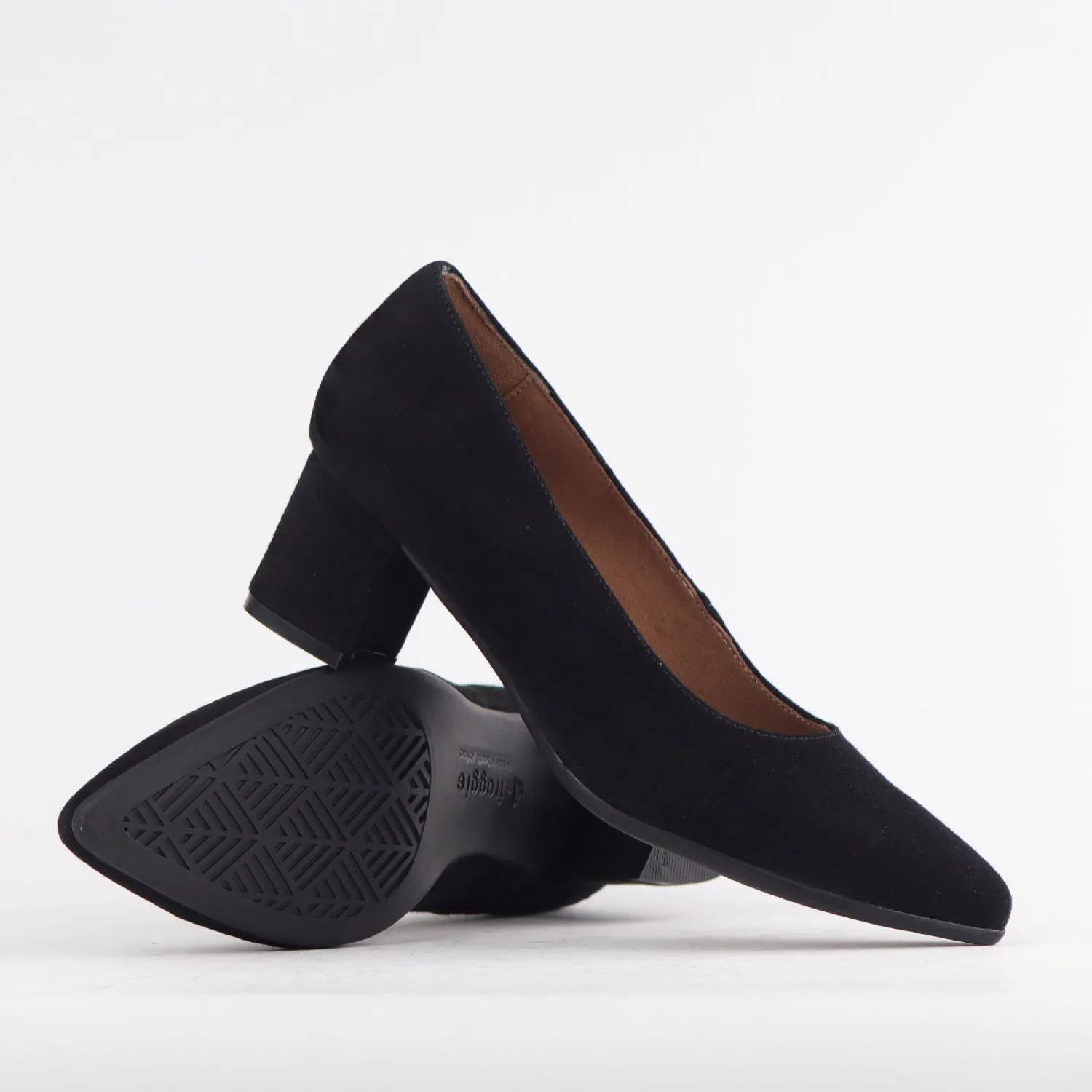 Pointed Block Heel Court Shoes in Black Suede - 12604