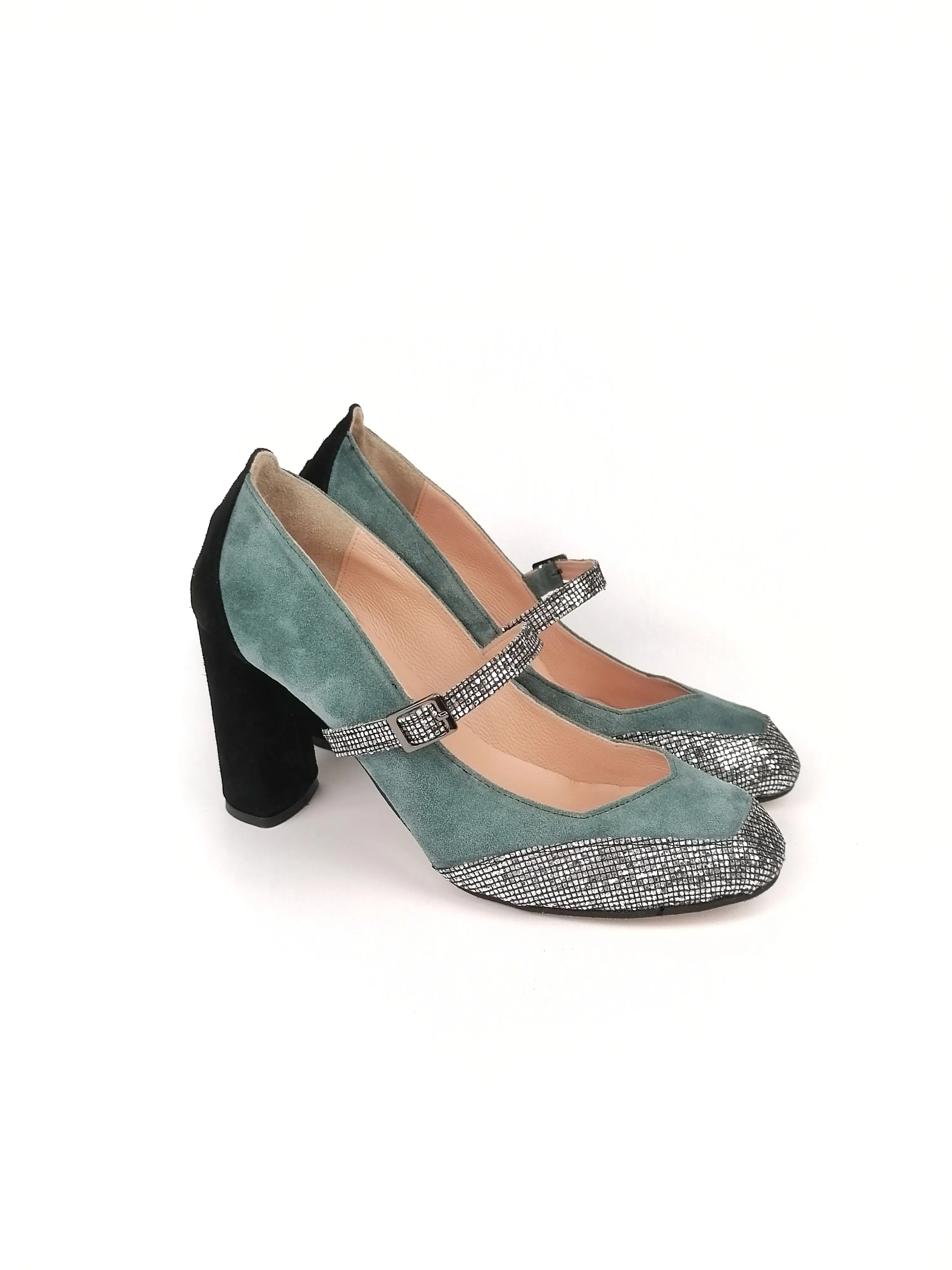 RAPHAELA DENIM BLUE SUEDE & SILVER GLITTER HEELS (8,5cm)