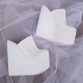 Sabo White  High Heel Wedge Mules